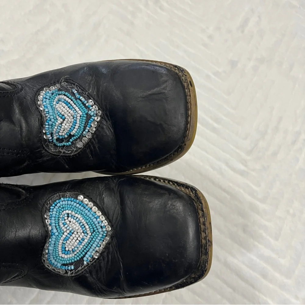 Roper Black Turquoise Kid‎ Cowgirl Boots size 3 western beads leather